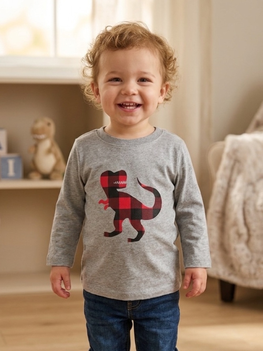 🎉 (18m) Cat & Jack Gray Long Sleeve Toddler T-Shirt with Red Buffalo Plaid T-Rex